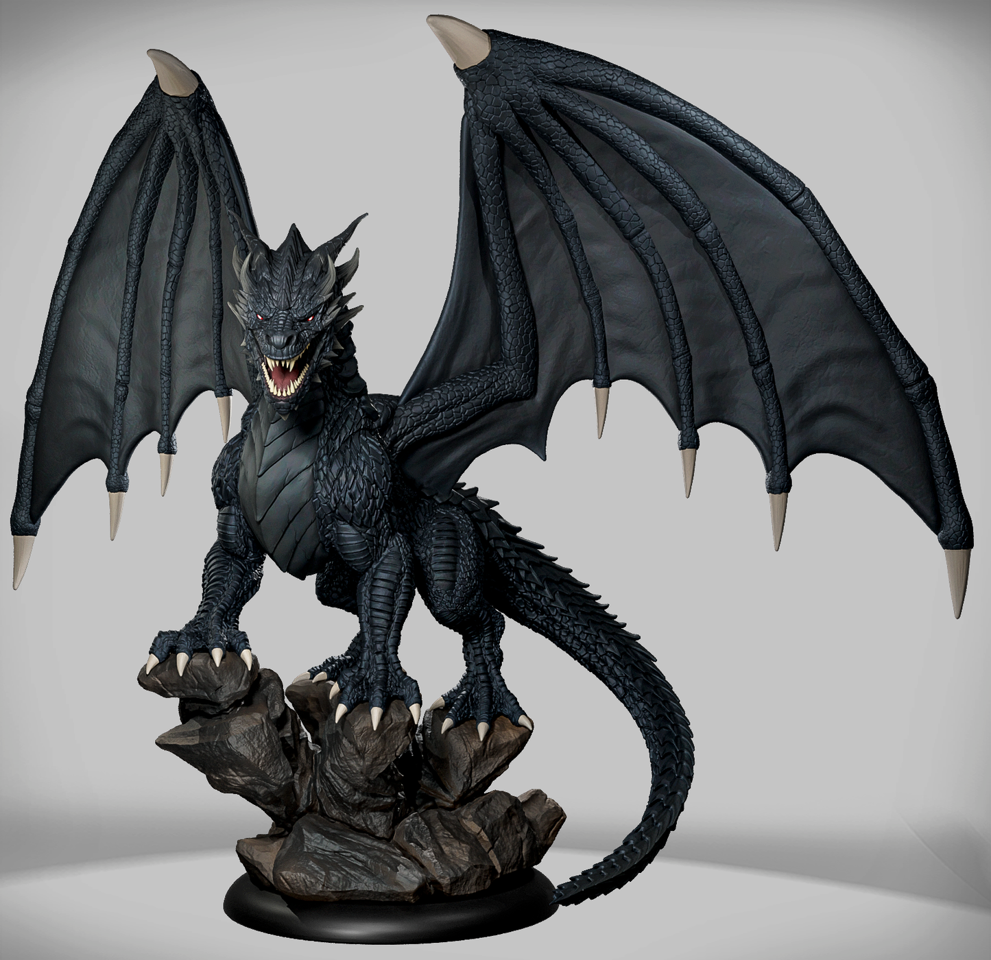 figurka smoczego wojownika Drakonkin Ravager Ignis z czarnymi łuskami i wielkimi skrzydłami.