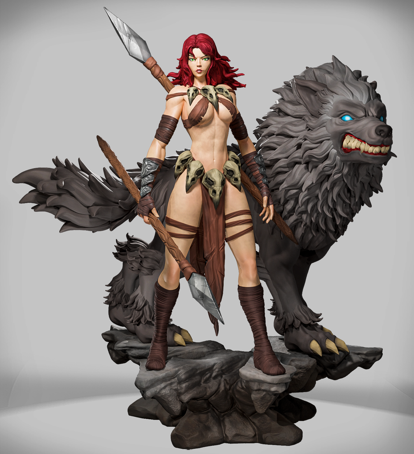 Szary render 3D zestawu Wolfborn Huntress Sylara – rangerka i wilk na skalistej podstawce.