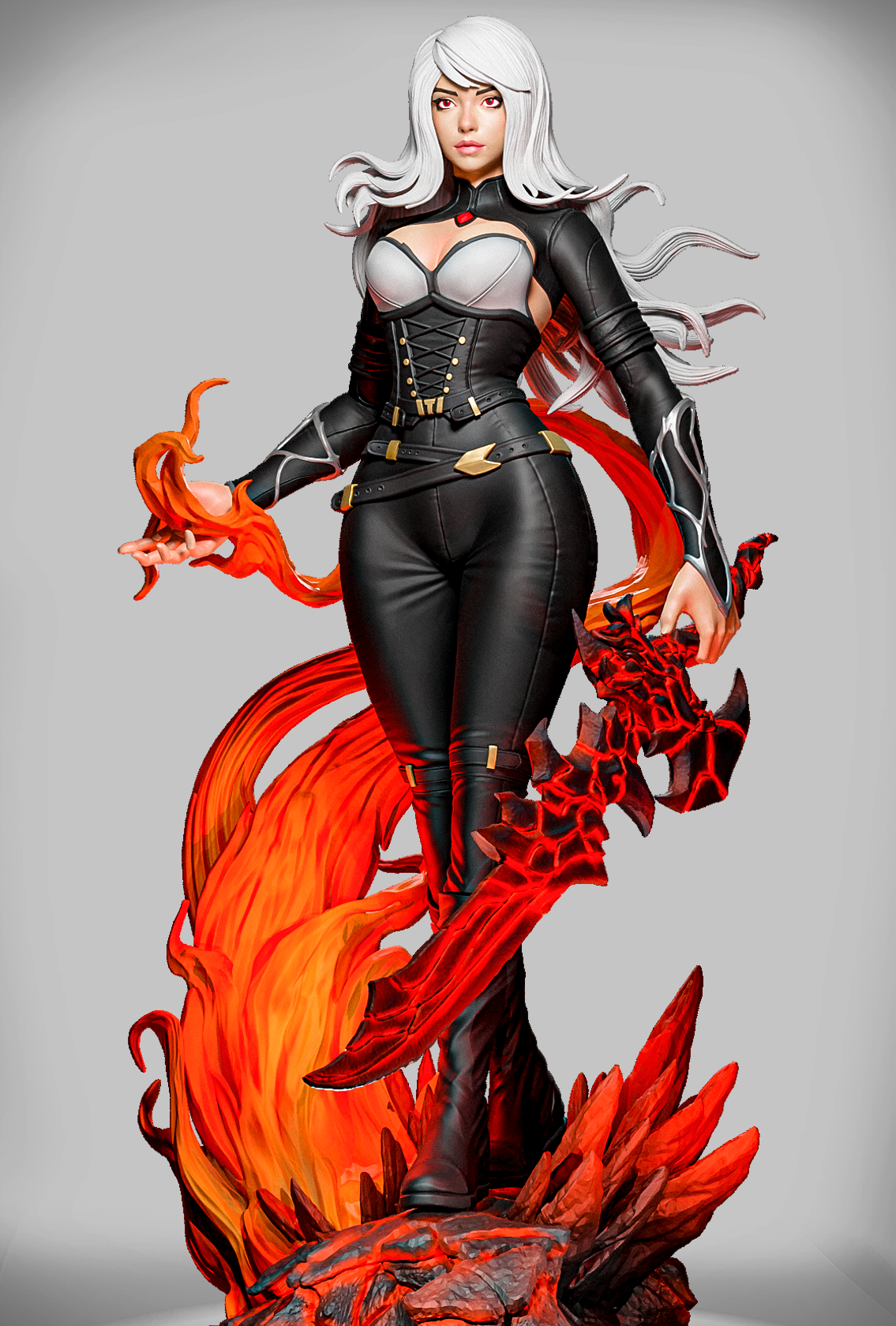 figurka Magma Blade Pyrrha z ognistym mieczem na wulkanicznej podstawce.