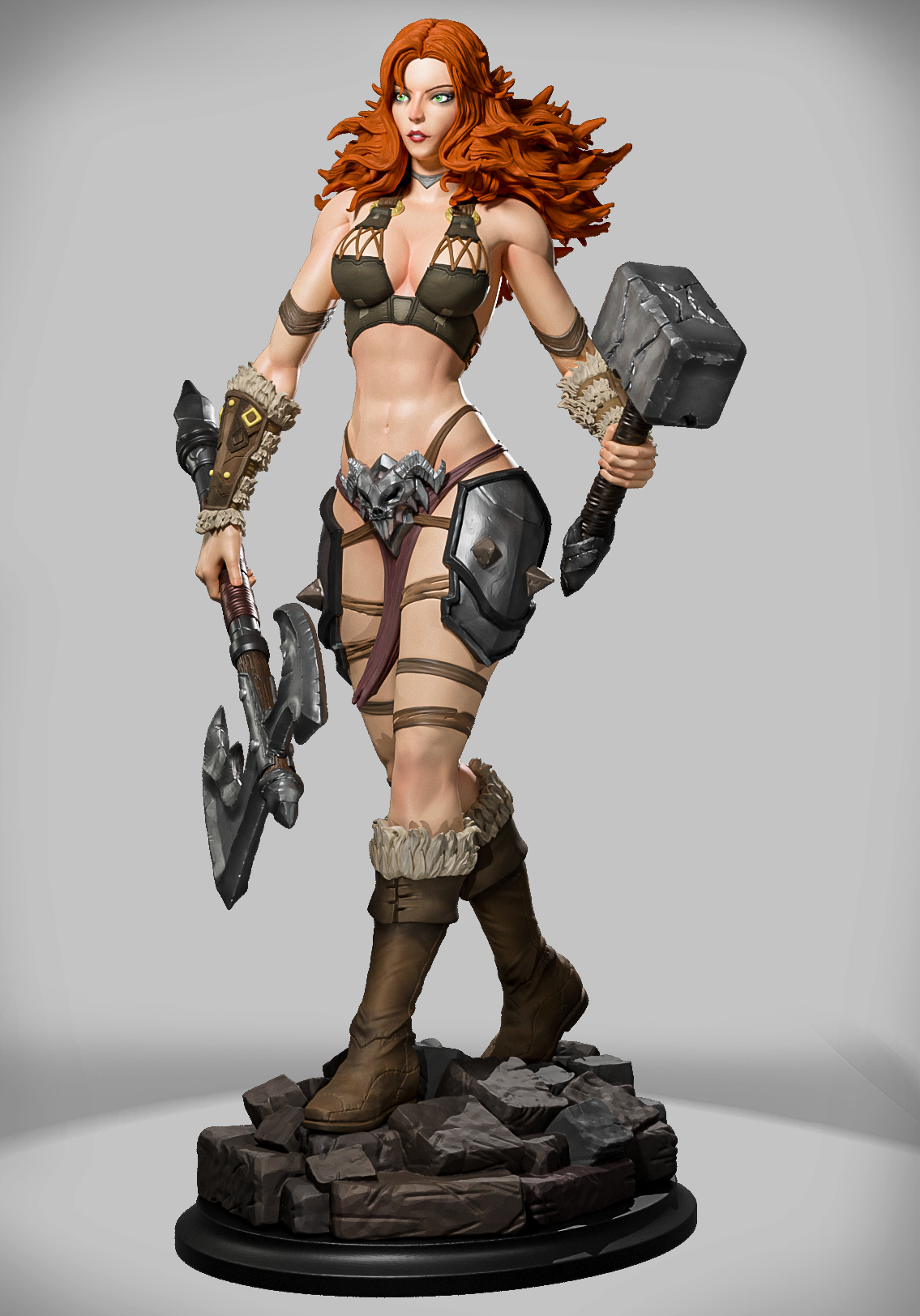 figurka barbarzyńskiej wojowniczki z rudymi włosami, toporem i młotem.