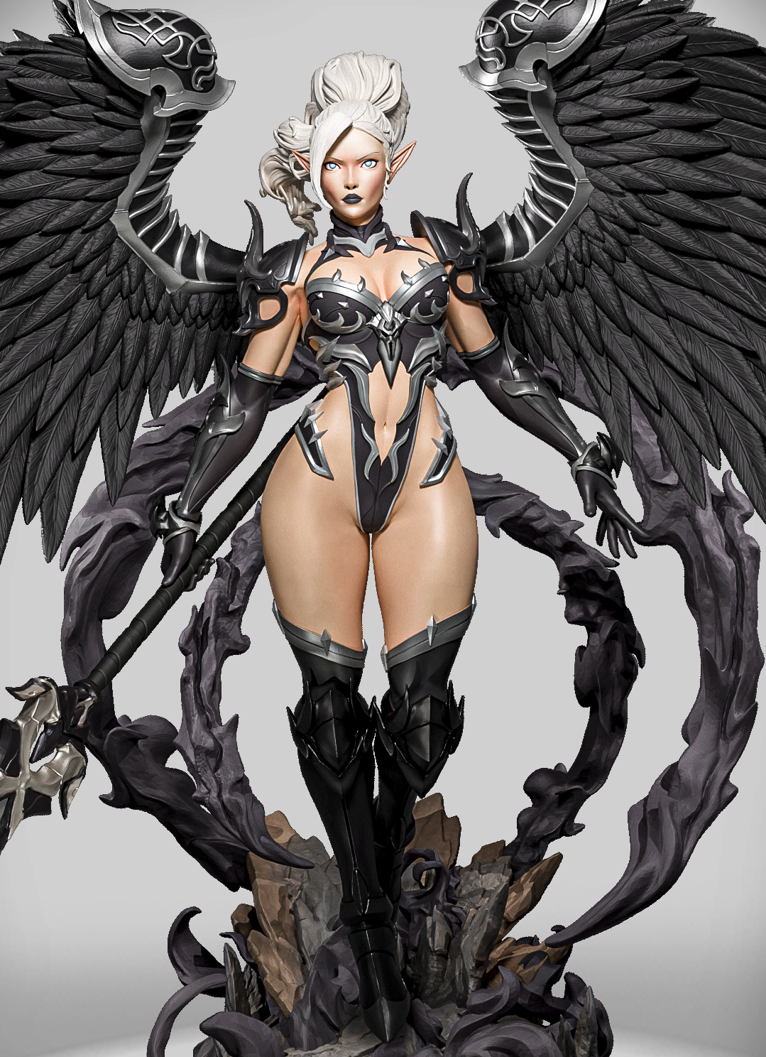 Szary render 3D figurki Shadow Seraph Vespera, mroczny anioł z włócznią.