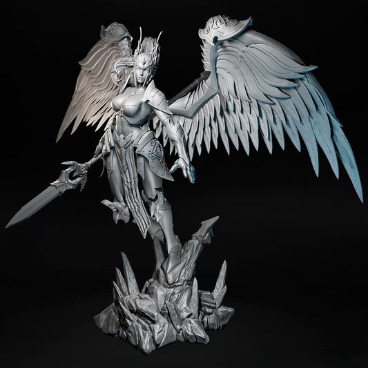 Figurka anioła wojowniczki lądującej na skale, widok z boku, Amra 3D Art.