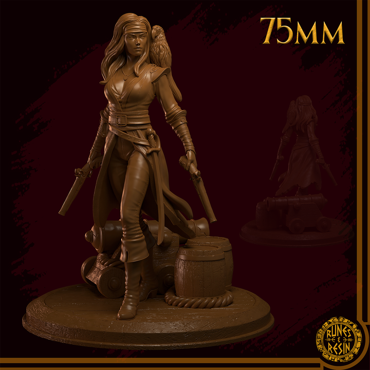 Elise – Piratin mit zwei Pistolen und einem Papagei – Fantasyfigur 32 mm / 75 mm | Runen und Resin
