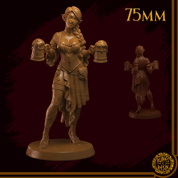 Heather – Wirtin mit Bierkrügen – Fantasy-Miniatur 32 mm / 75 mm | Runen und Resin