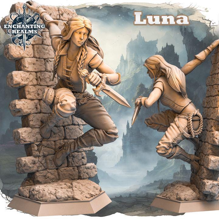 Luna – figurka złodziejki fantasy 3D z serii Enchanting Realms, 180 mm, wspinająca się po murze, widok z przodu