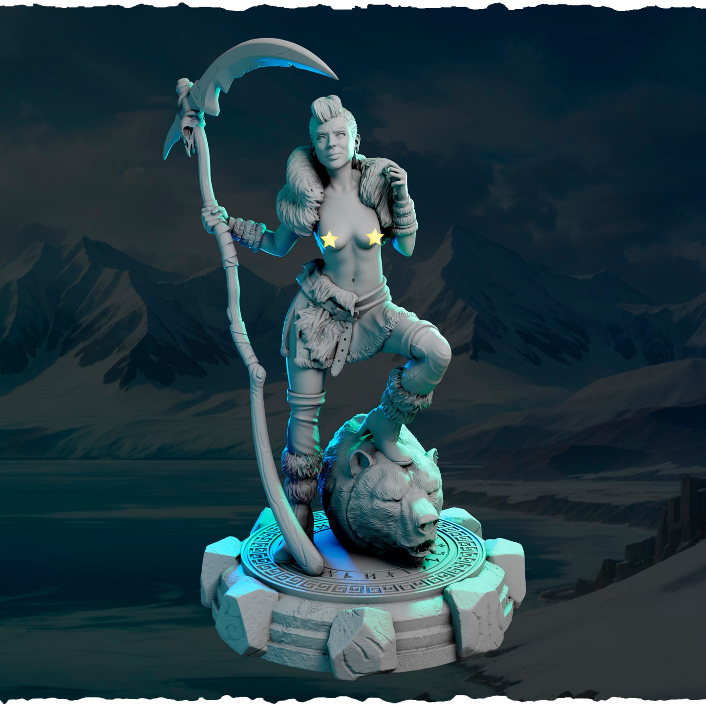 Północna Łowczyni z Kosą — widok z przodu, skala 32 mm