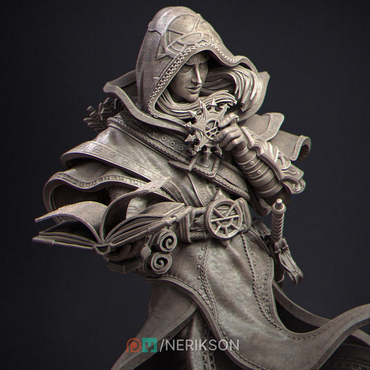 Elf Priest 3D printed resin miniature by Nerikson, showing a hooded elven cleric holding a holy sun symbol and an open tome, unpainted premium ABS-like resin