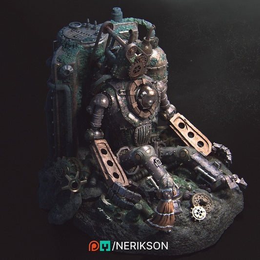 Abandoned Robot Diorama 3D printed in grey ABS-Like resin designed by Nerikson, high detail unpainted post-apocalyptic miniature