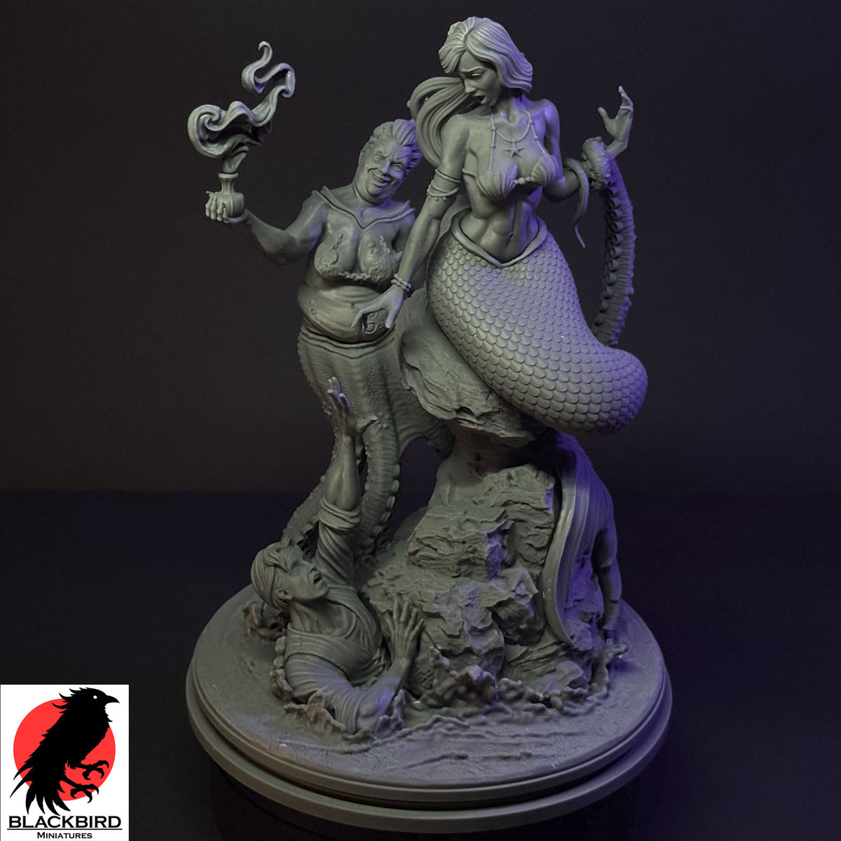 Little Mermaid Dark Tales resin diorama by Black Bird Miniatures featuring a siren, sea monster, and a drowning sailor, unpainted premium 3D print.