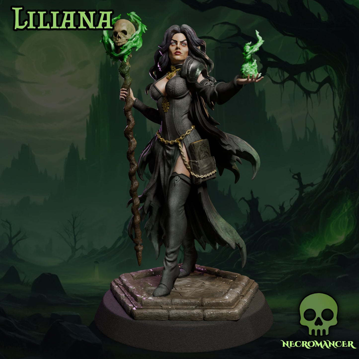 Fantasy female necromancer resin sculpture with skull staff SFW and NSFW