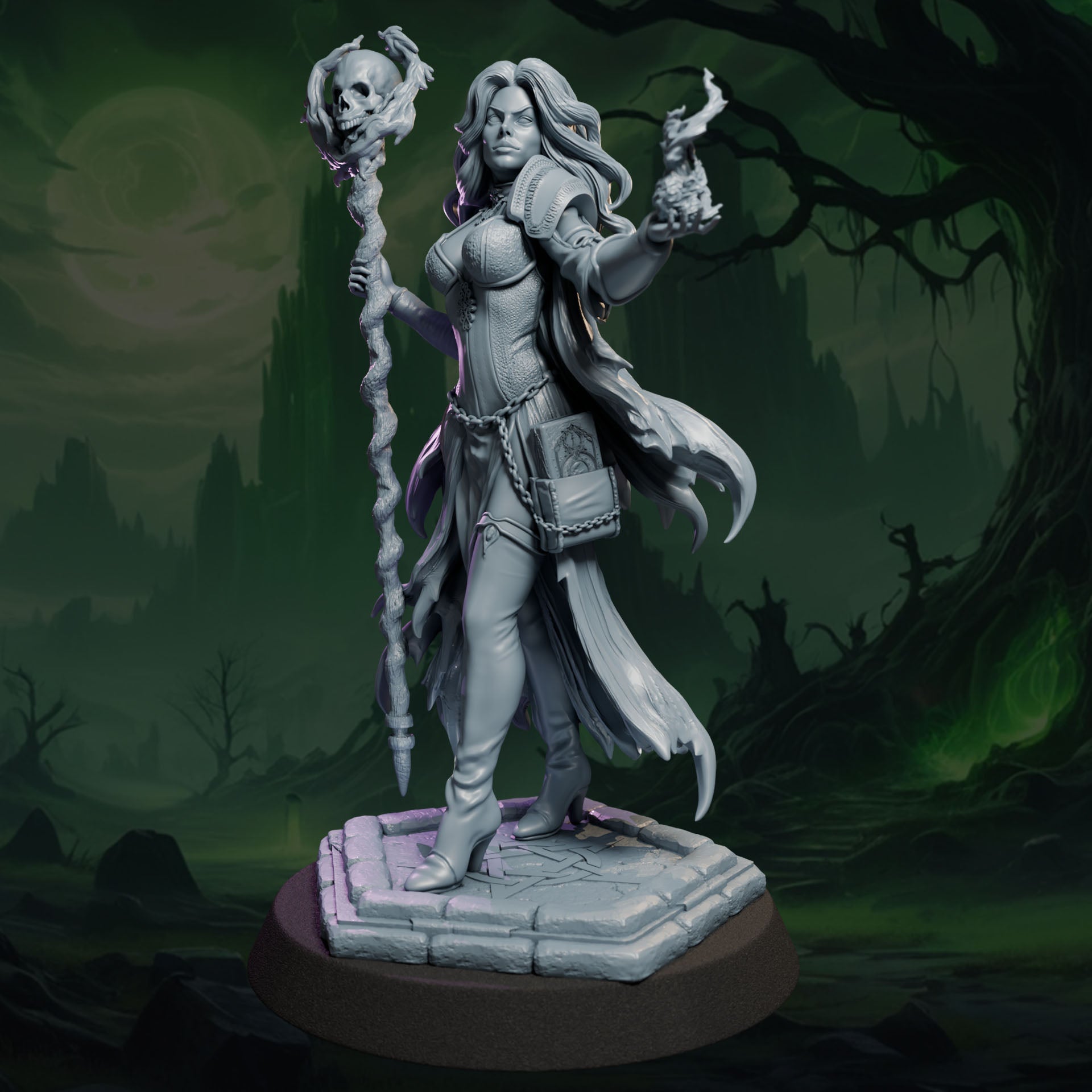 Fantasy female necromancer resin sculpture with skull staff SFW and NSFW