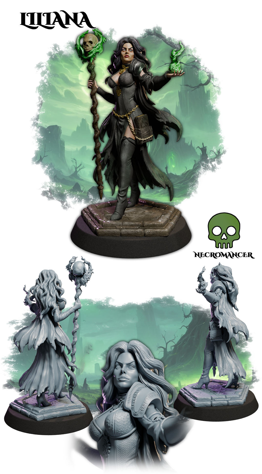 Fantasy female necromancer resin sculpture with skull staff SFW and NSFW