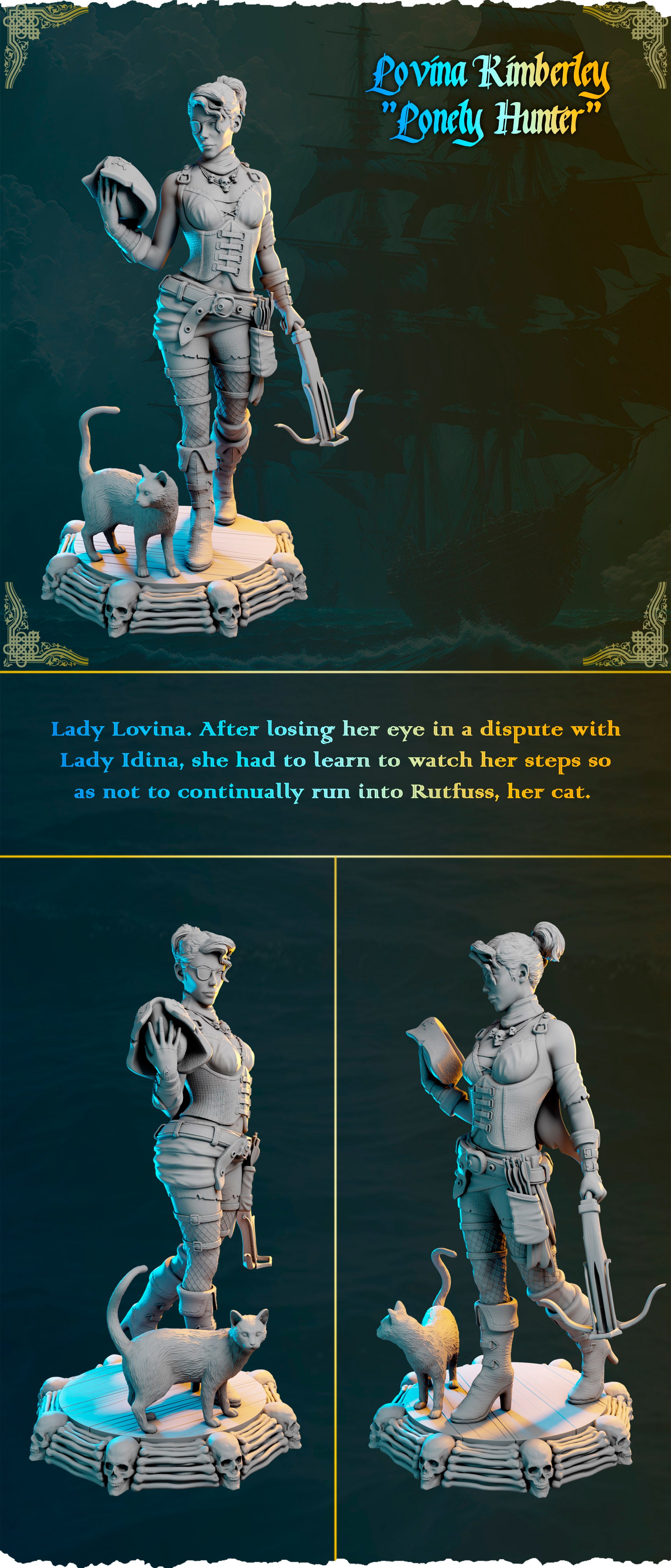 Piracka łowczyni z kuszą i kotem figurka fantasy od Black Bird Miniatures