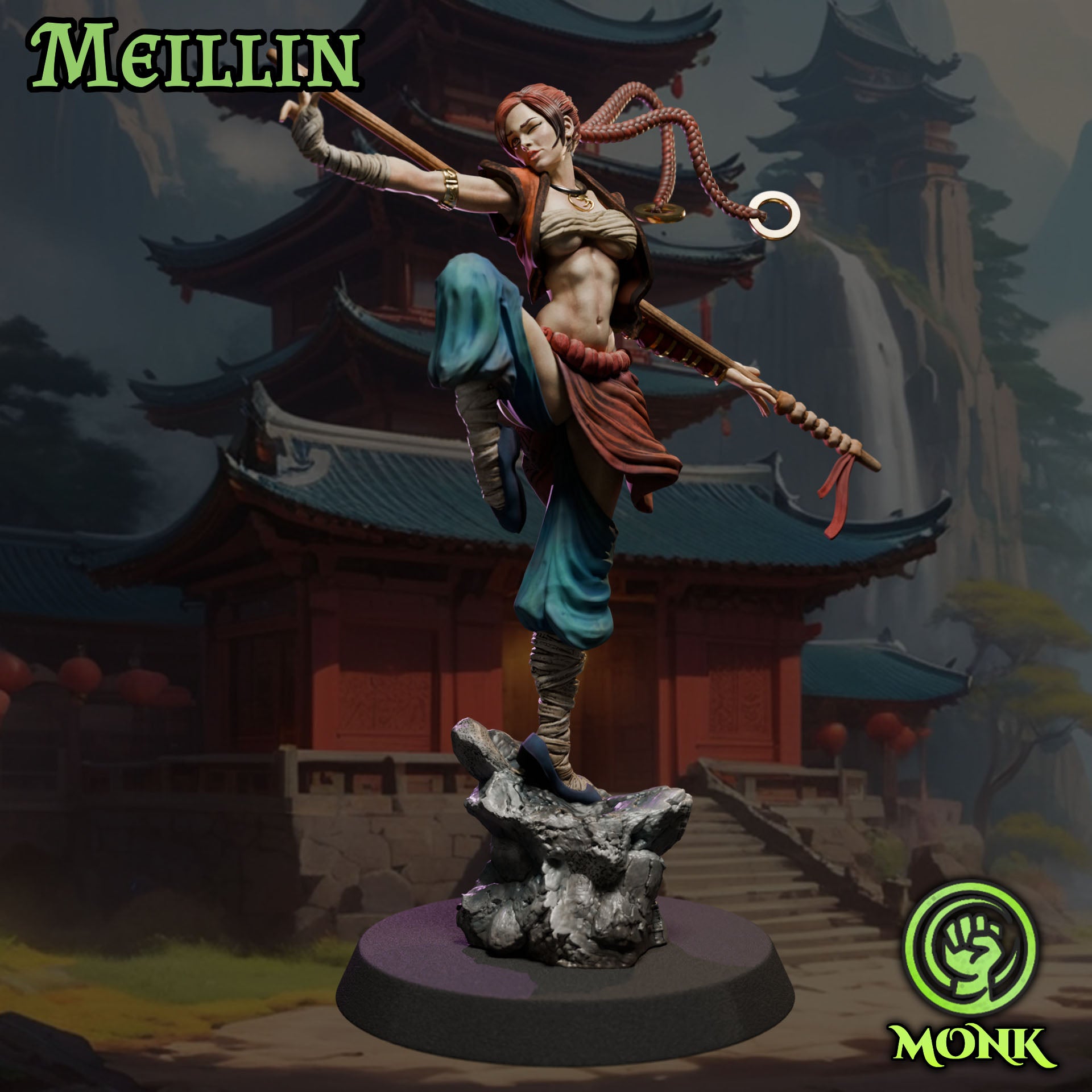 Meillin painted female monk miniature 75mm by Black Bird Miniatures