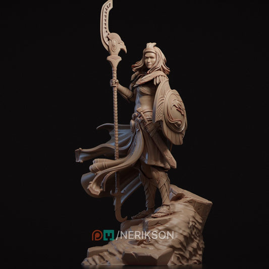 Ankhira The Guardian of Nekhbet resin figurine by Nerikson, showing highly detailed unpainted Egyptian female warrior holding a hawk staff and a snake shield.