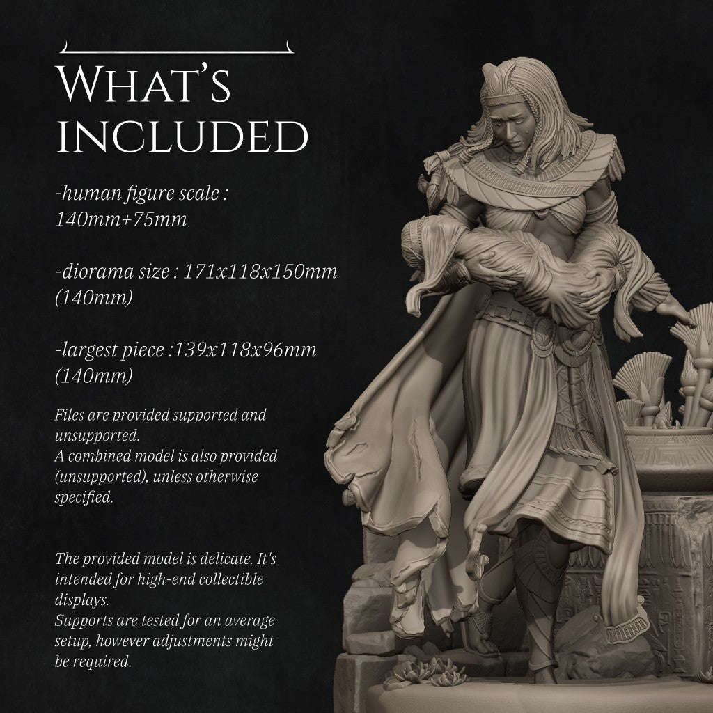 The Lost Guardian resin figurine by Nerikson showing a grieving Egyptian queen holding her wrapped baby, unpainted 3D printed display statue
