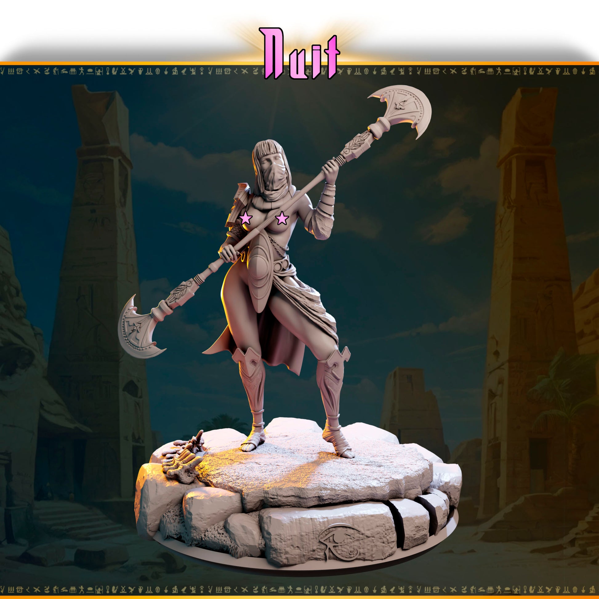 Nuit – Wojowniczka Pustynnych Wichrów — widok z przodu na pustynnej podstawce