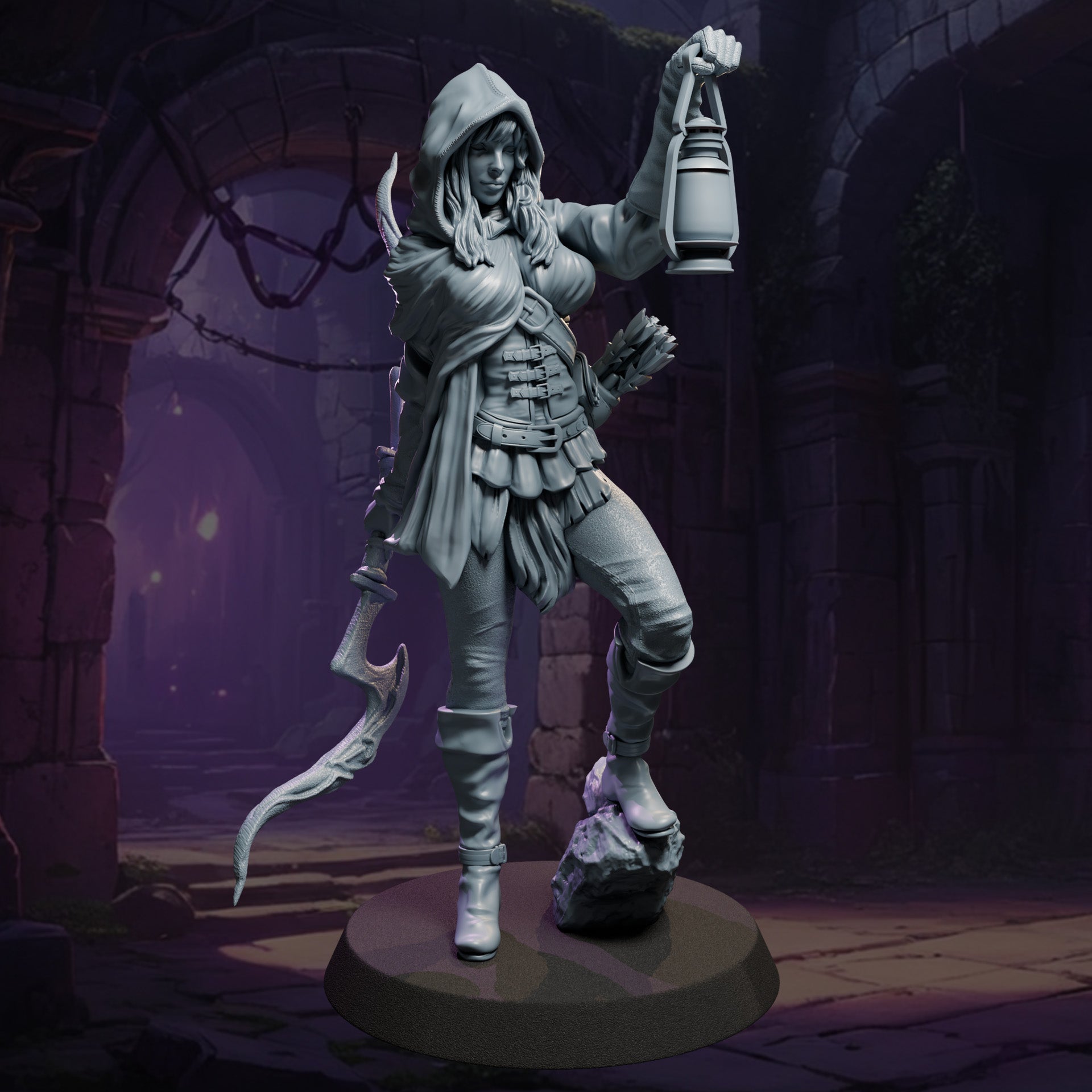 Fantasy explorer woman resin sculpture with lantern SFW and NSFW versions