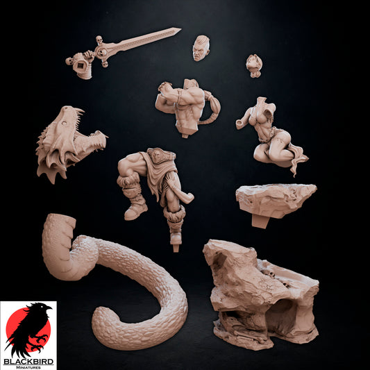The Sword and the Basilisk 3D printed resin display figurine by Black Bird Miniatures depicting a barbarian warrior battling a giant serpent