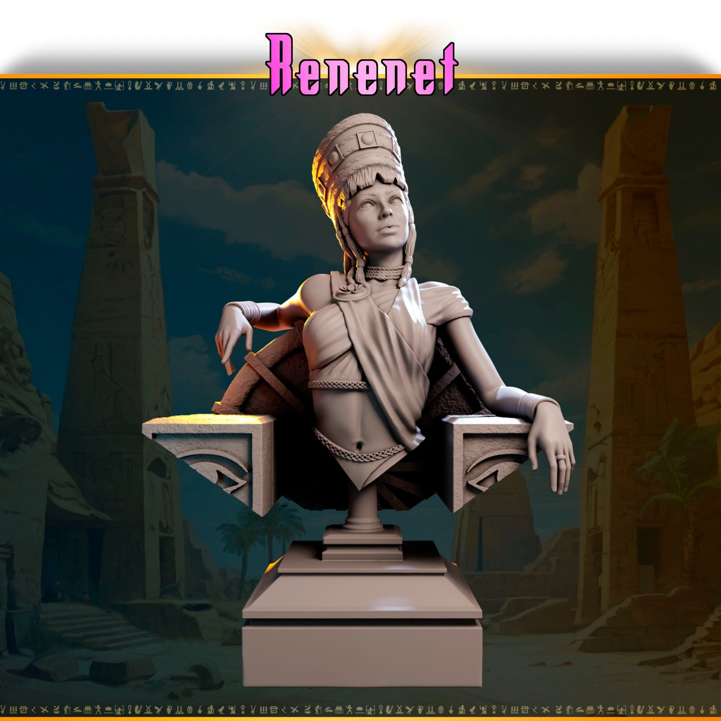 Renenet – Bogini Urodzaju — widok z przodu na ozdobnej podstawce