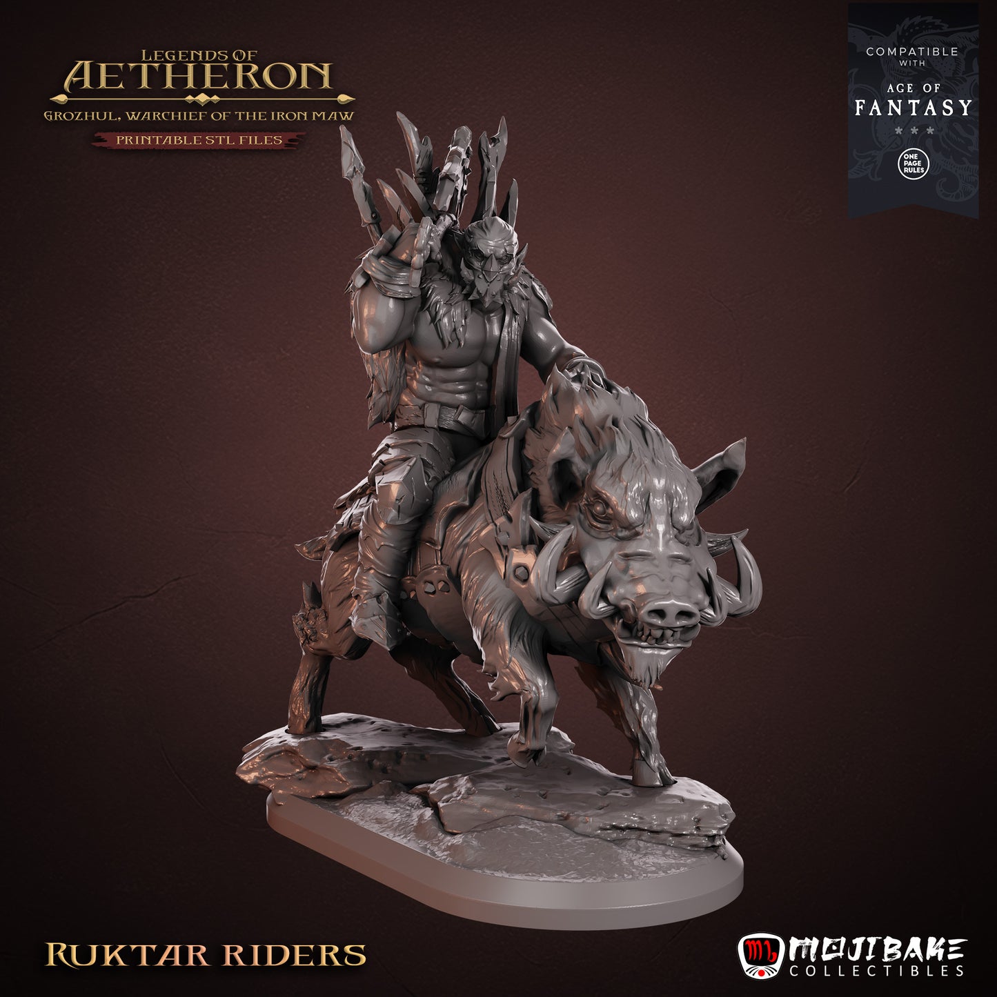 Ruktar Riders – jeźdźcy Iron Maw z Legends of Aetheron, figurki fantasy 3D 32 mm, widok z przodu