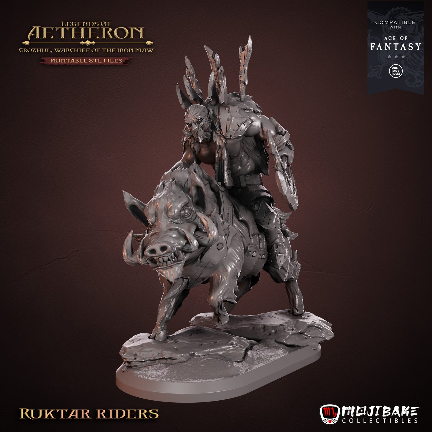 Ruktar Riders – jeźdźcy Iron Maw z Legends of Aetheron, figurki fantasy 3D 32 mm, widok z przodu