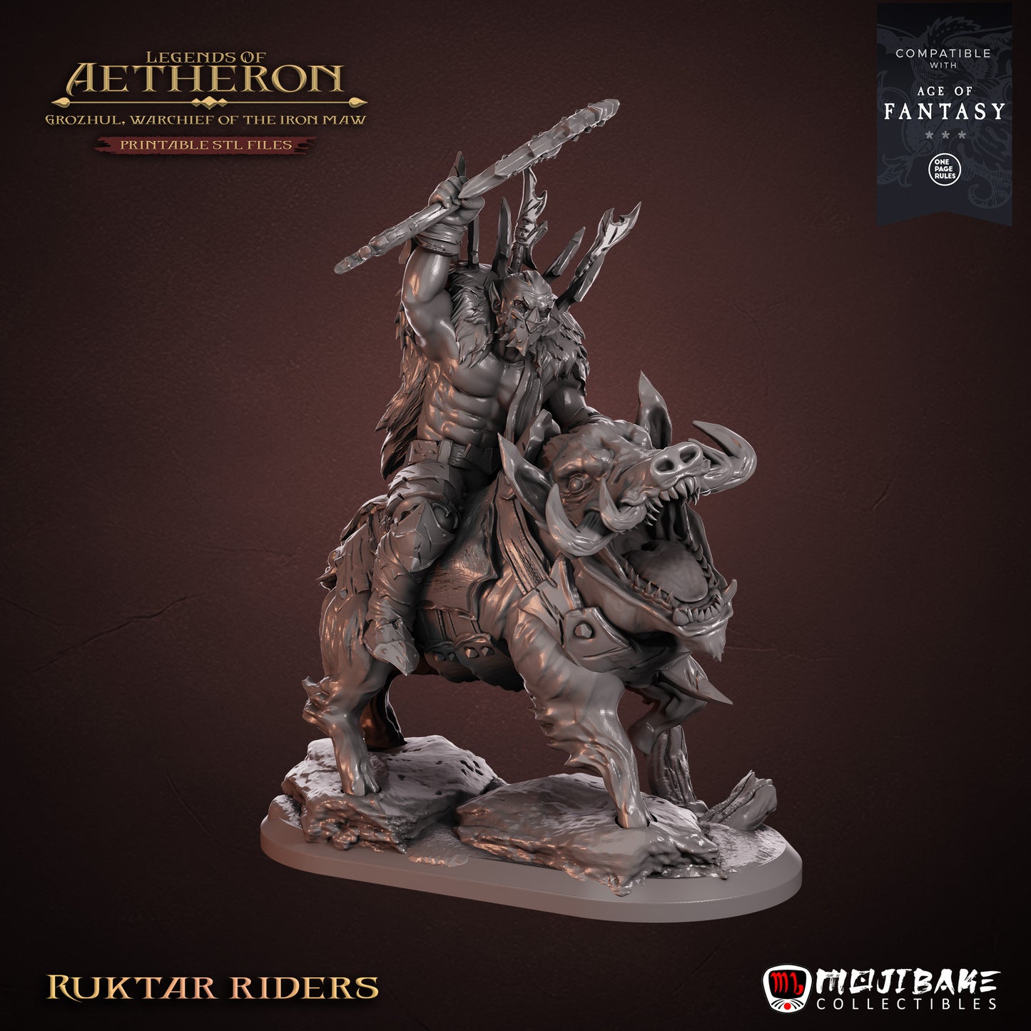 Ruktar Riders – jeźdźcy Iron Maw z Legends of Aetheron, figurki fantasy 3D 32 mm, widok z przodu