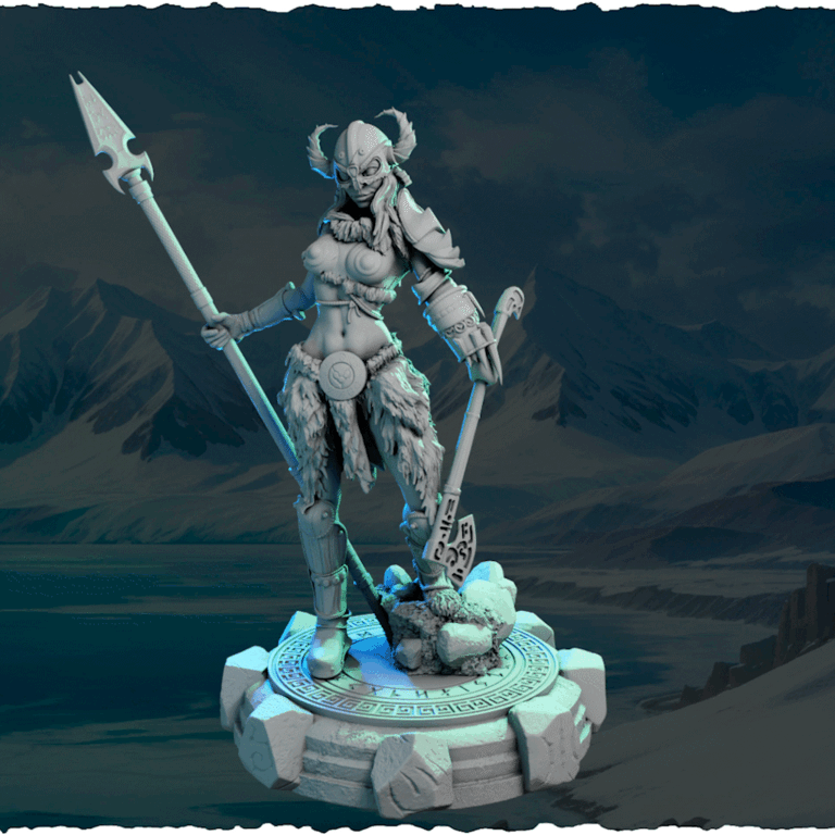 Północna Wojowniczka z Włócznią — figurka na kamiennej podstawce