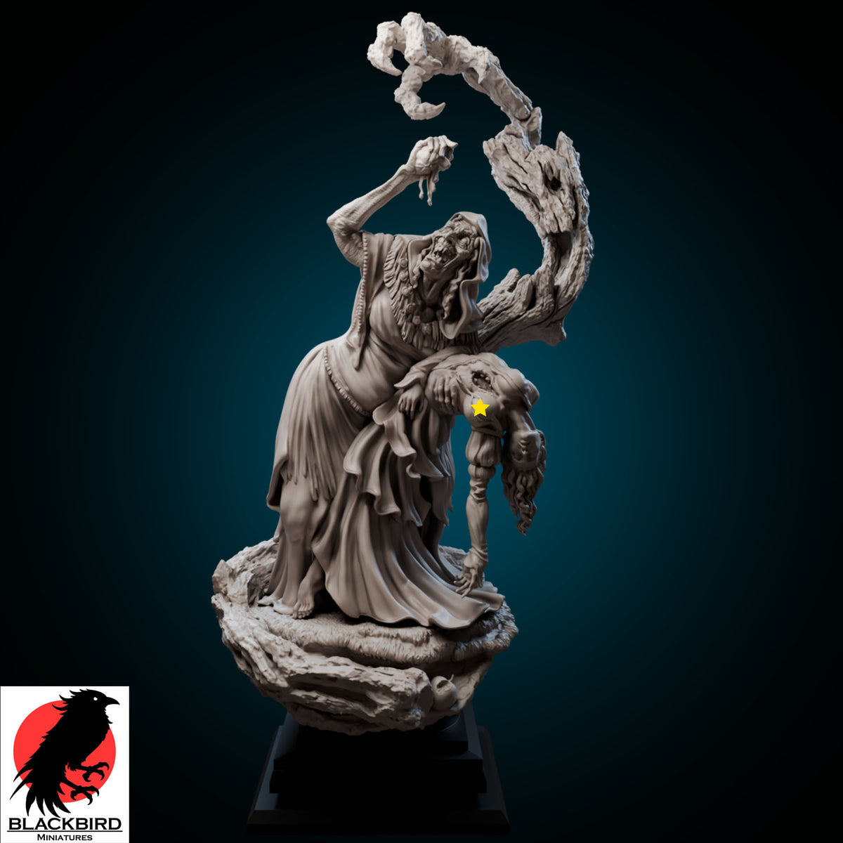Snow White dark fantasy resin figurine by Black Bird Miniatures, featuring an old witch holding a bleeding heart over a beautiful fallen maiden, printed in high detail ABS-Like resin