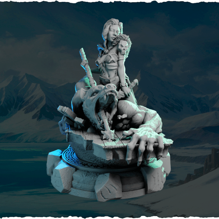 Północna Łowczyni z Bestią — widok z boku na podstawce z runami