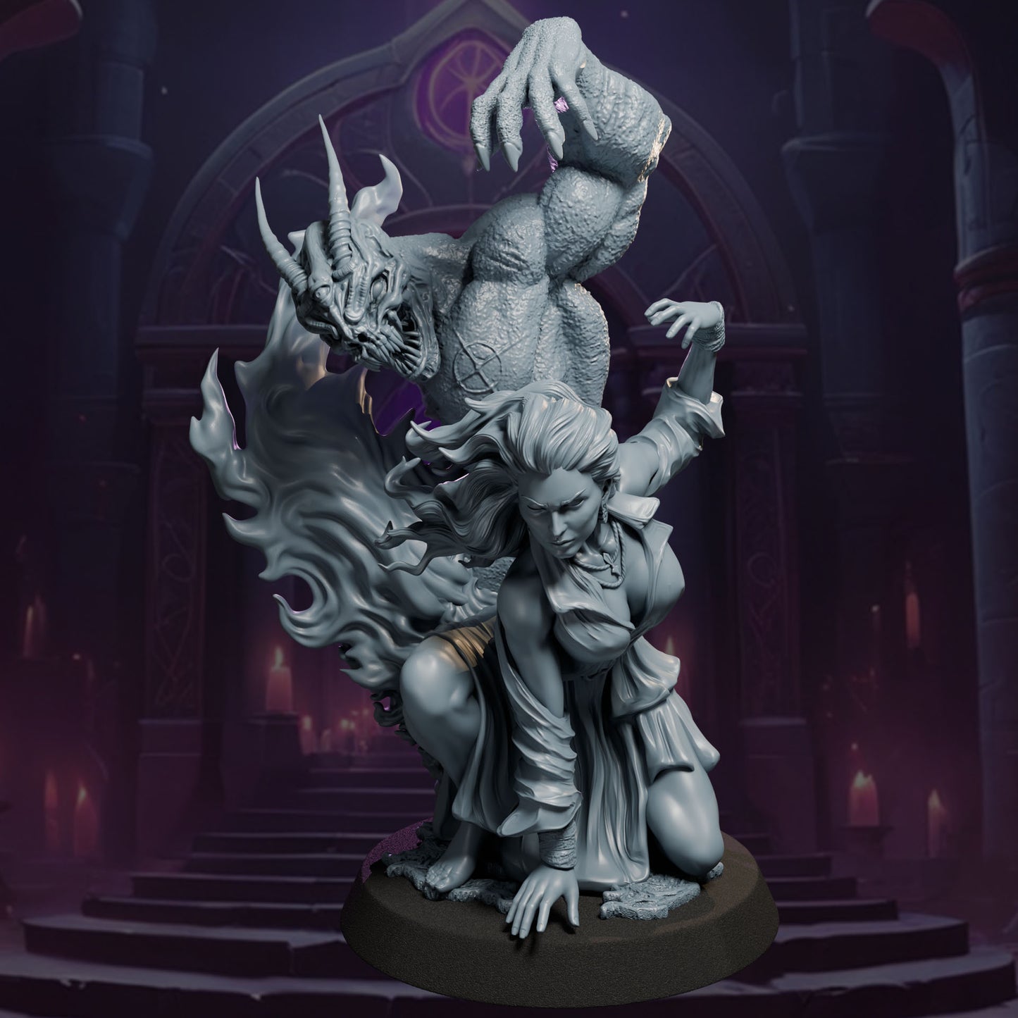 Fantasy female summoner resin sculpture with demon companion SFW and NSFW