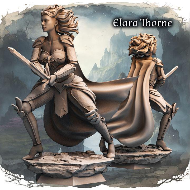 Elara Thorne – Mistrzyni Dwóch Ostrzy z Enchanting Realms | Figurka kolekcjonerska fantasy 3D 180 mm
