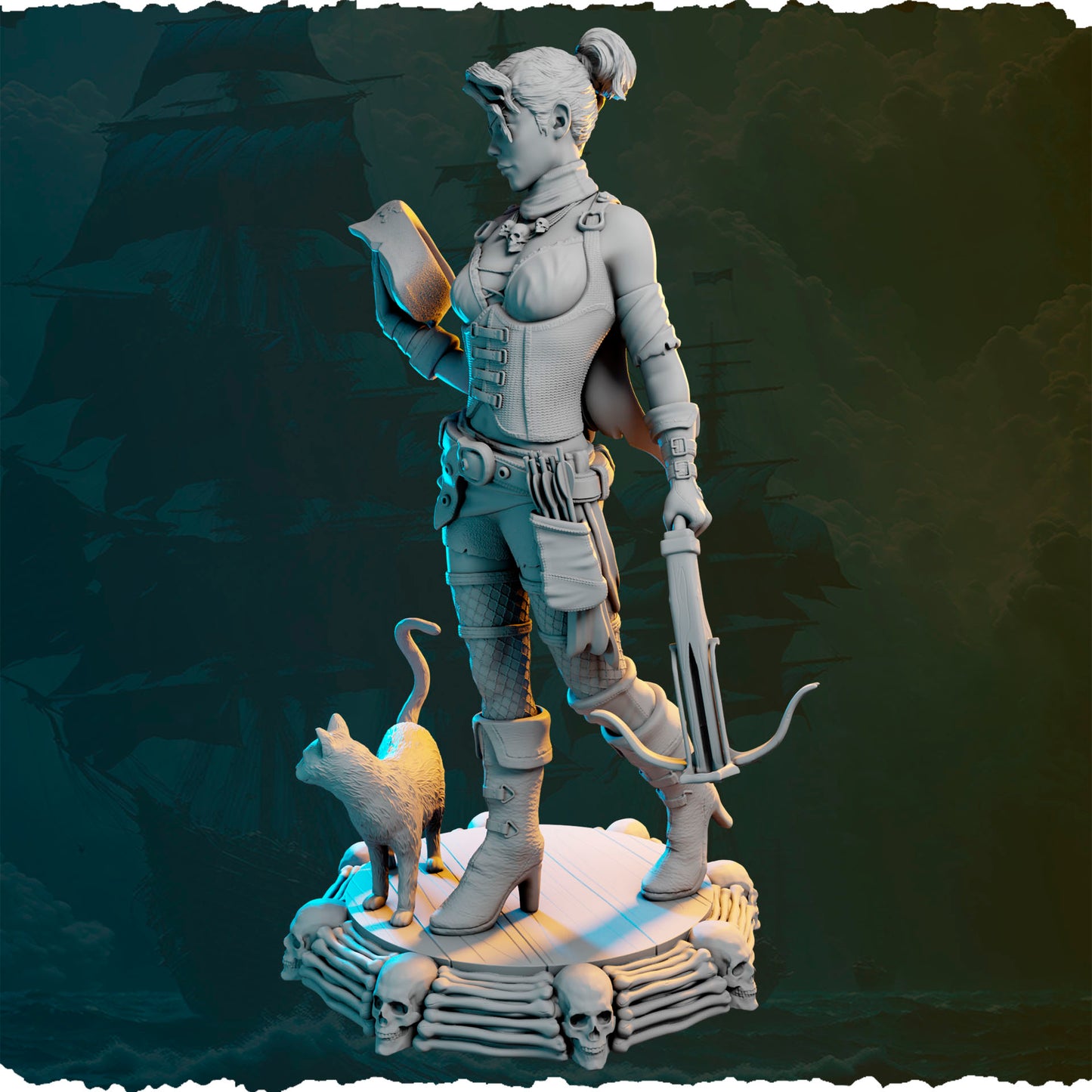 Piracka łowczyni z kuszą i kotem figurka fantasy od Black Bird Miniatures