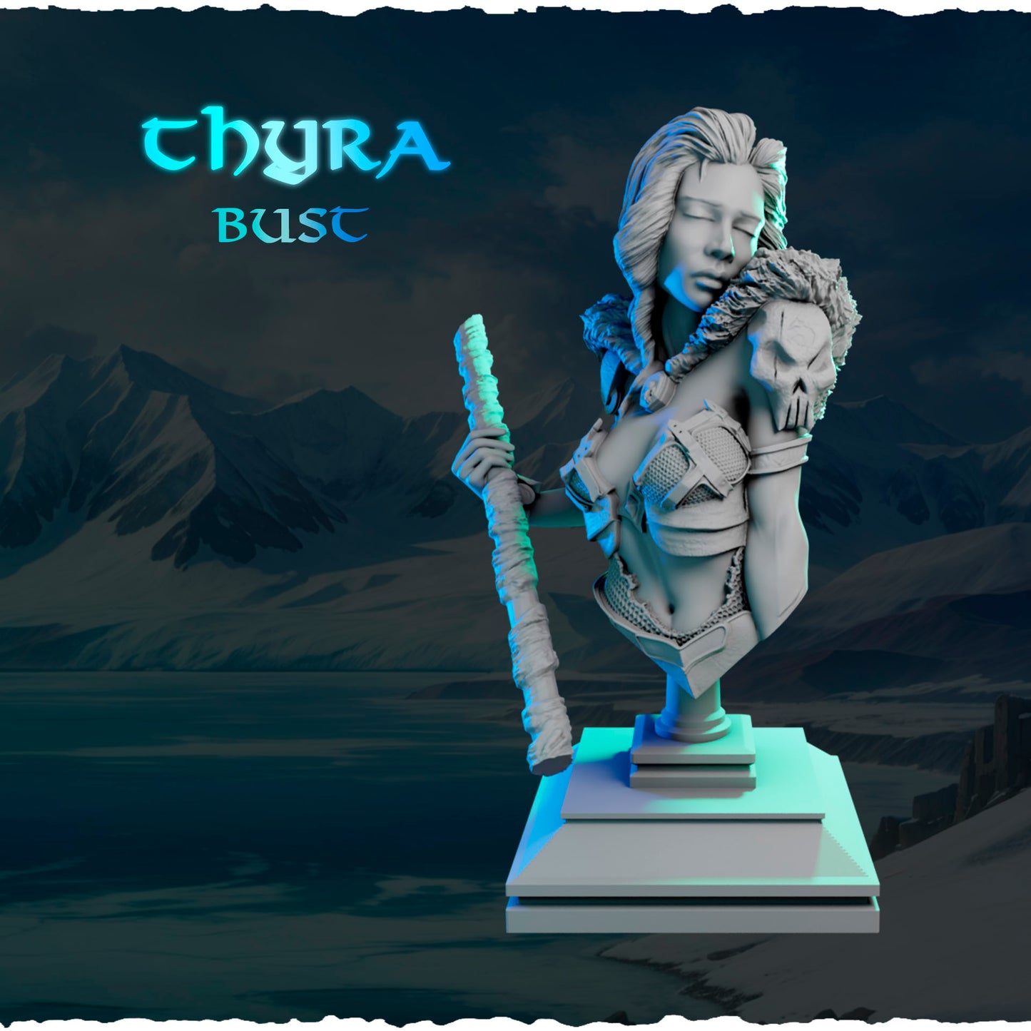 Północna Łowczyni z Bestią — widok z boku na podstawce z runami