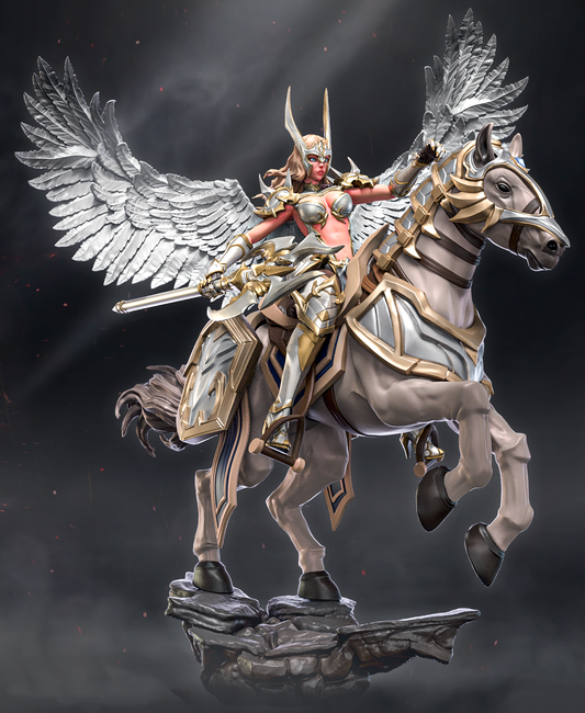 Szary render 3D modelu Skyborn Vanguard Aeliana, widoczne detale zbroi i piór.