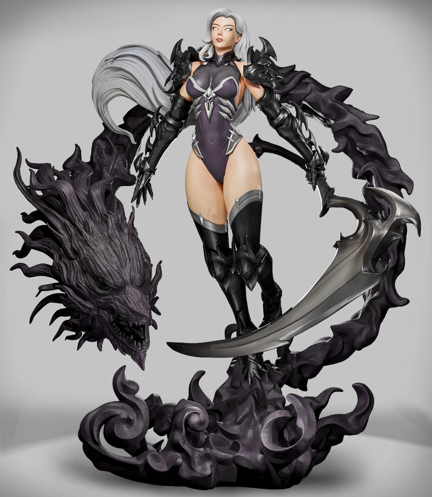 Pomalowana figurka Soul Reaper Vespera z kosą i fioletowym duchem smoka.