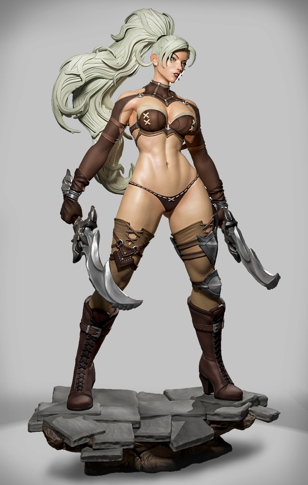 Pomalowana figurka elfki Sunblade Liora w biało-złotej zbroi z wielkim mieczem.