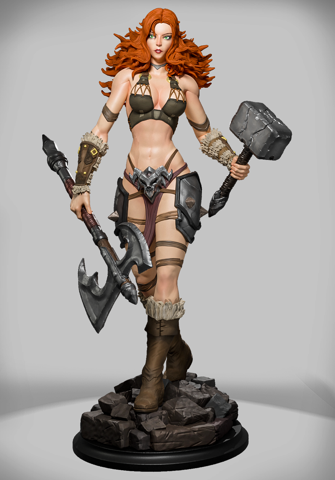 figurka barbarzyńskiej wojowniczki z rudymi włosami, toporem i młotem.