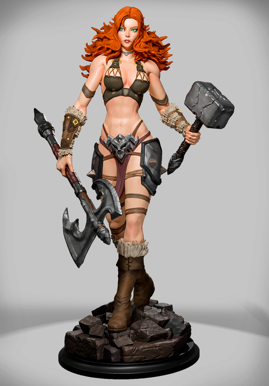 figurka barbarzyńskiej wojowniczki z rudymi włosami, toporem i młotem.