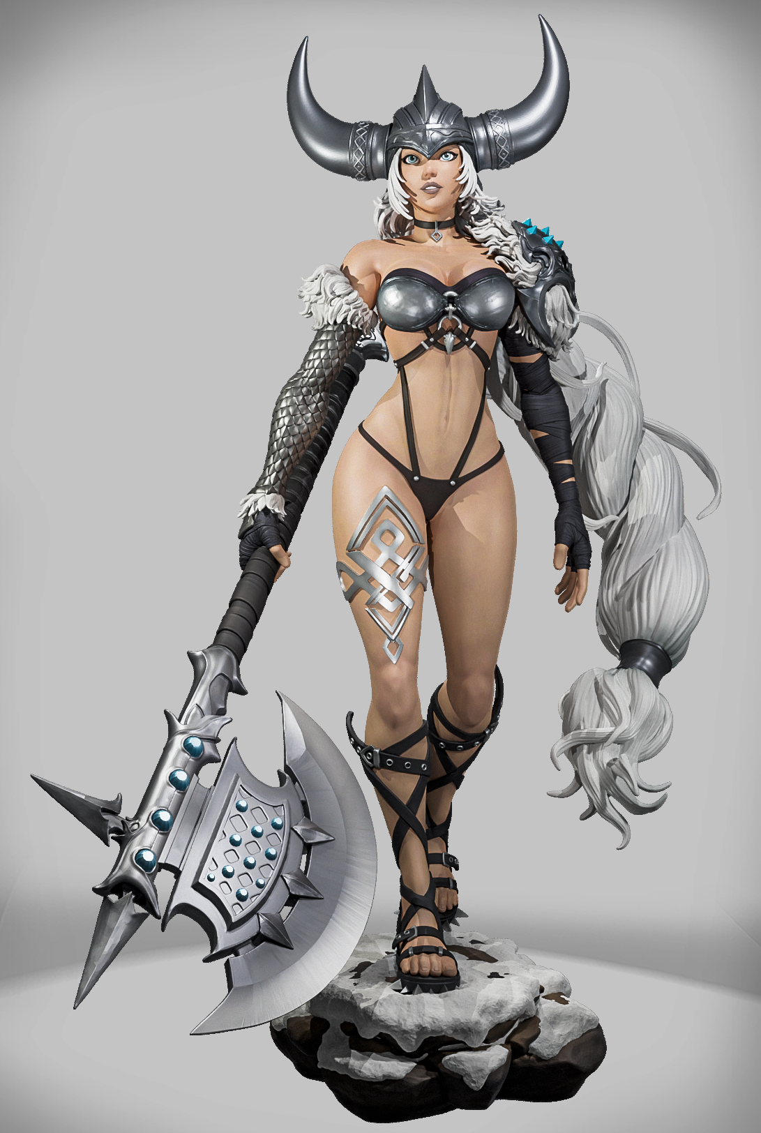 Szary render 3D zestawu Lioness Warden Kaira, widoczne detale grzywy lwa i czaszek na pasie.