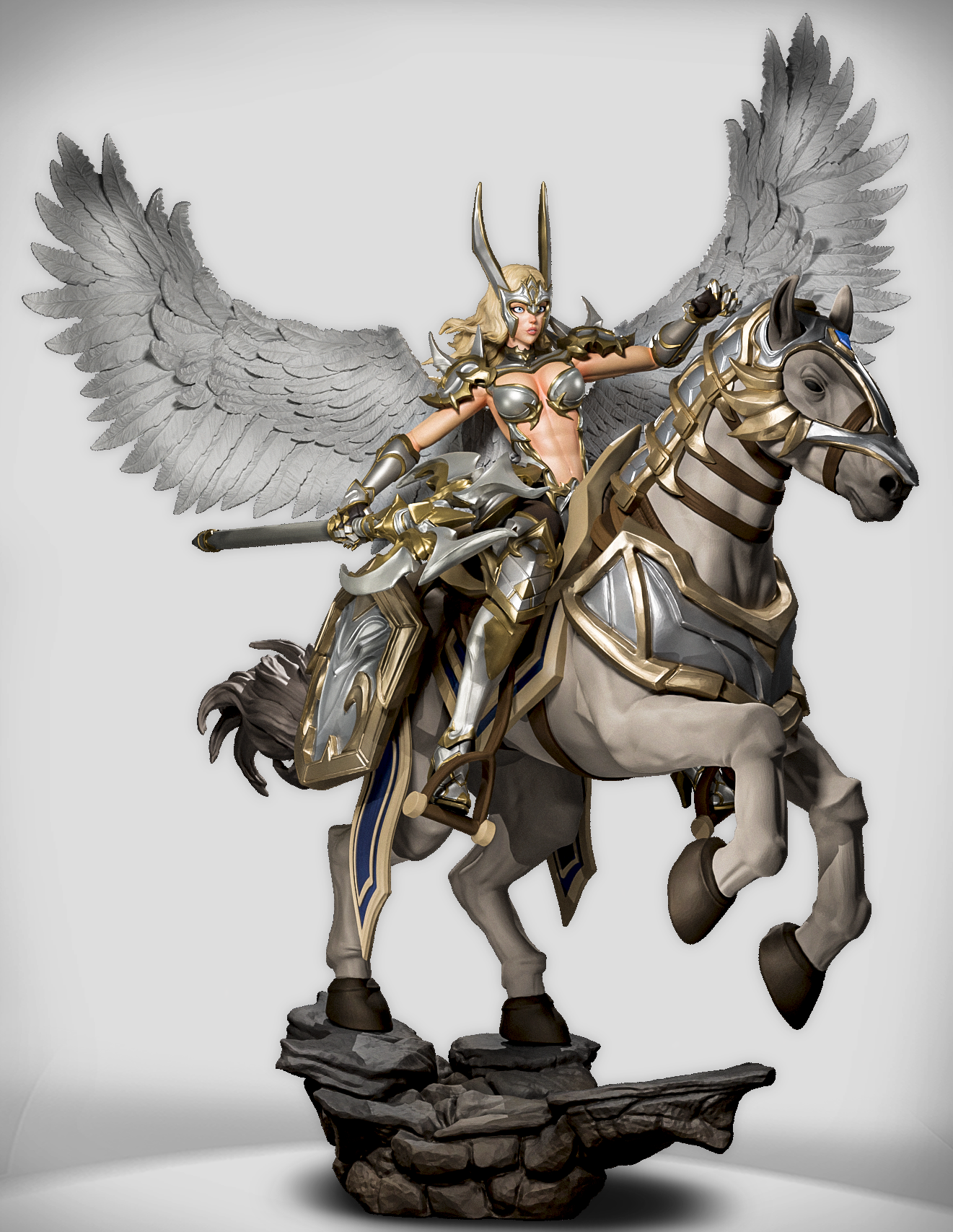 Szary render 3D modelu Skyborn Vanguard Aeliana, widoczne detale zbroi i piór.