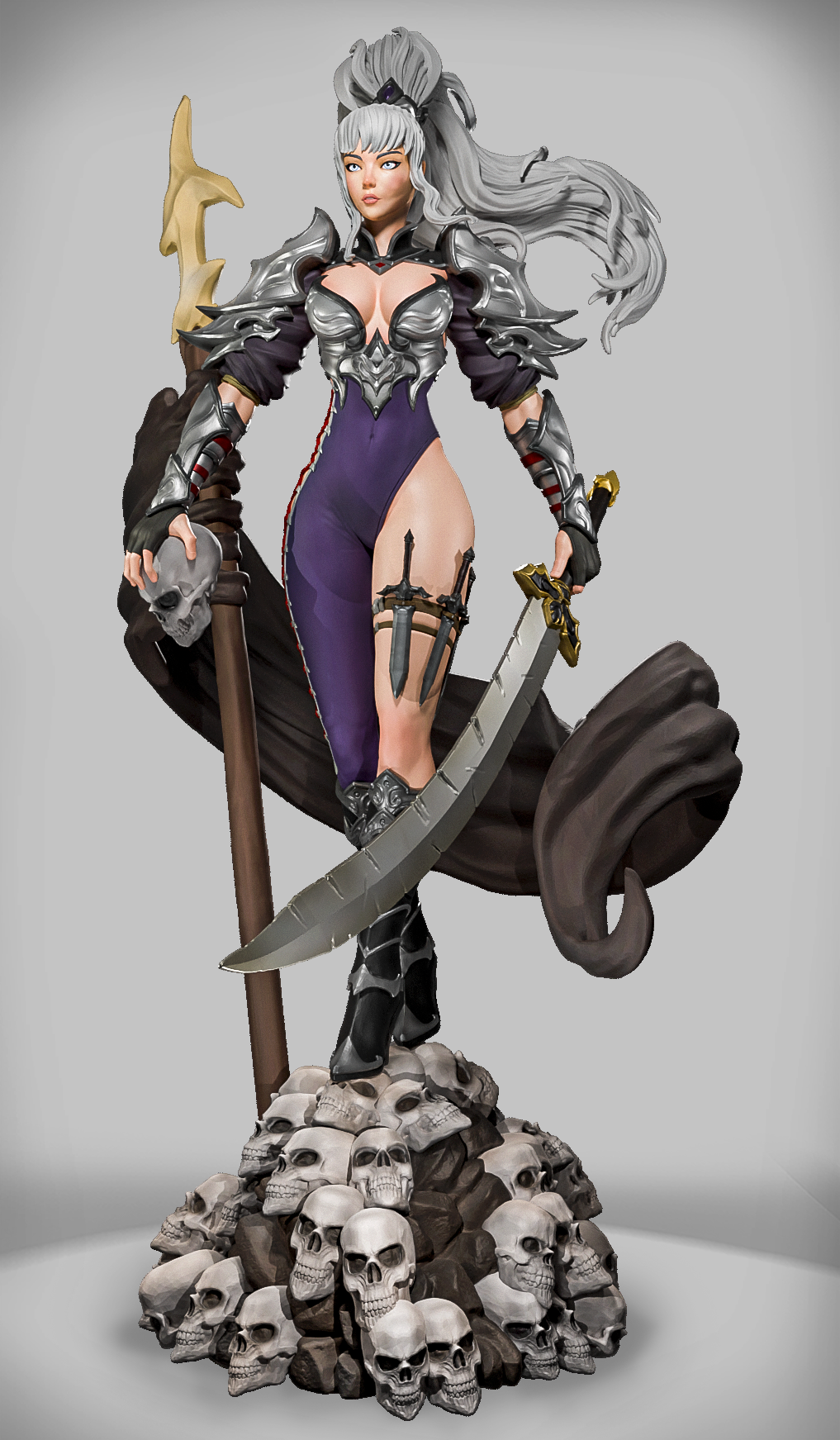 figurka Death Caller Vala stojąca na górze czaszek z mieczem i kosturem.