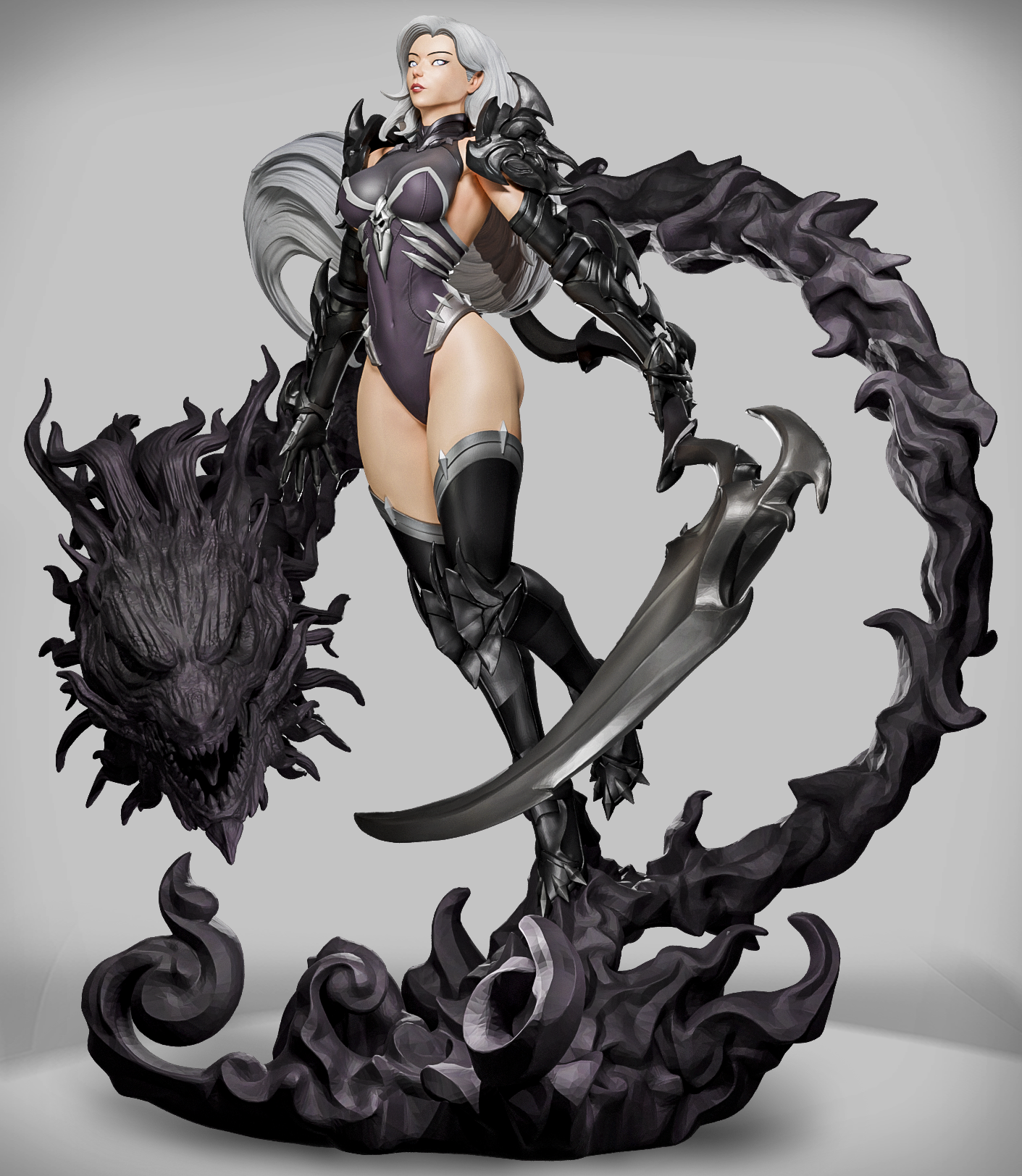 Pomalowana figurka Soul Reaper Vespera z kosą i fioletowym duchem smoka.