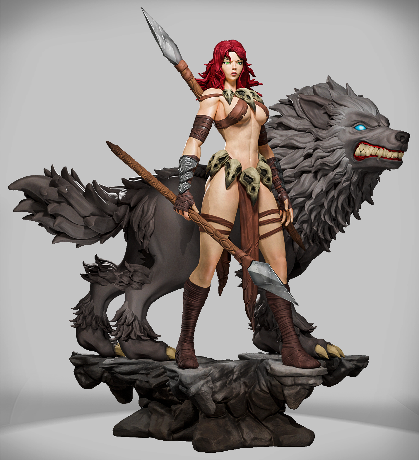 Szary render 3D zestawu Wolfborn Huntress Sylara – rangerka i wilk na skalistej podstawce.