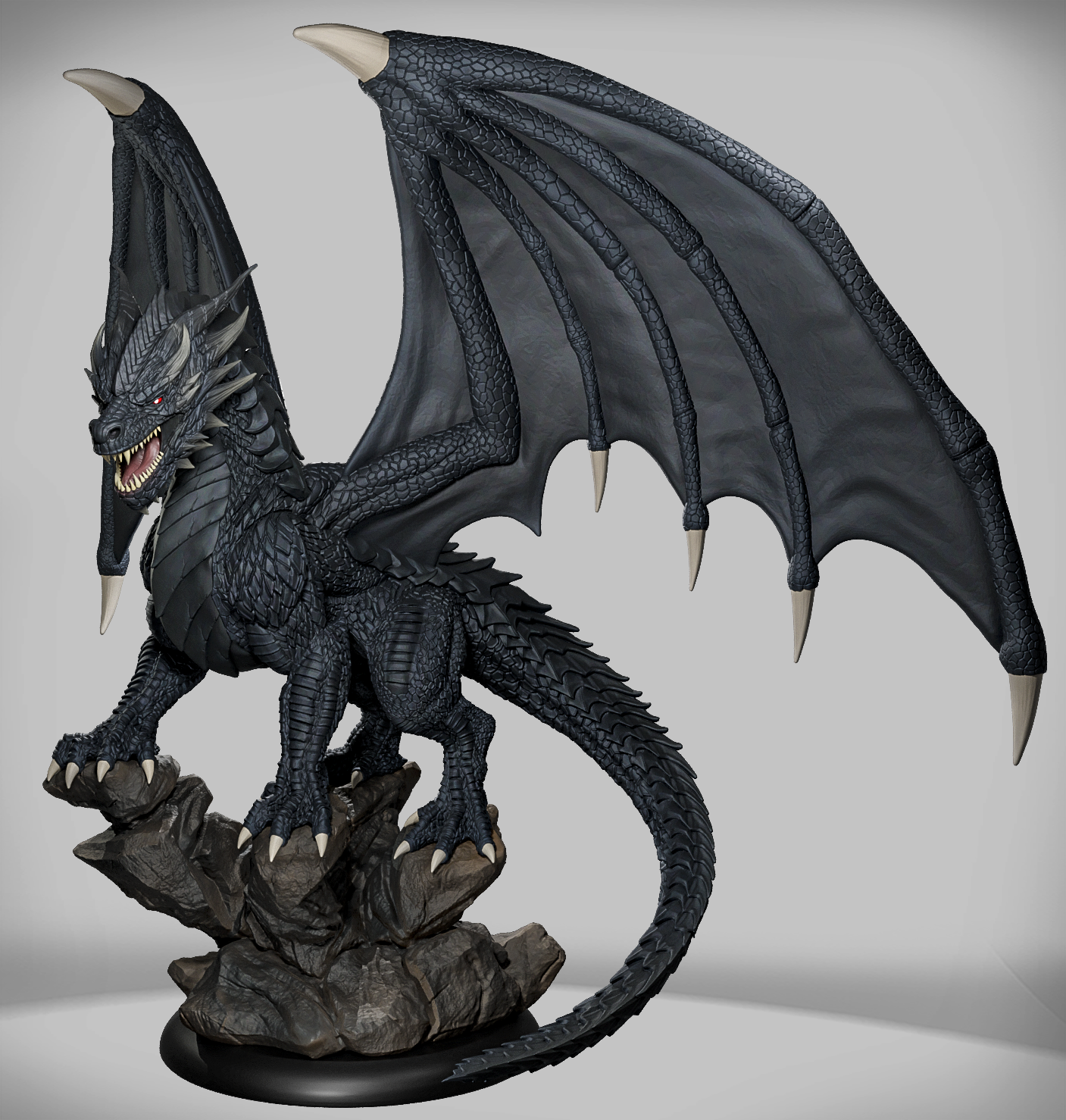 figurka smoczego wojownika Drakonkin Ravager Ignis z czarnymi łuskami i wielkimi skrzydłami.