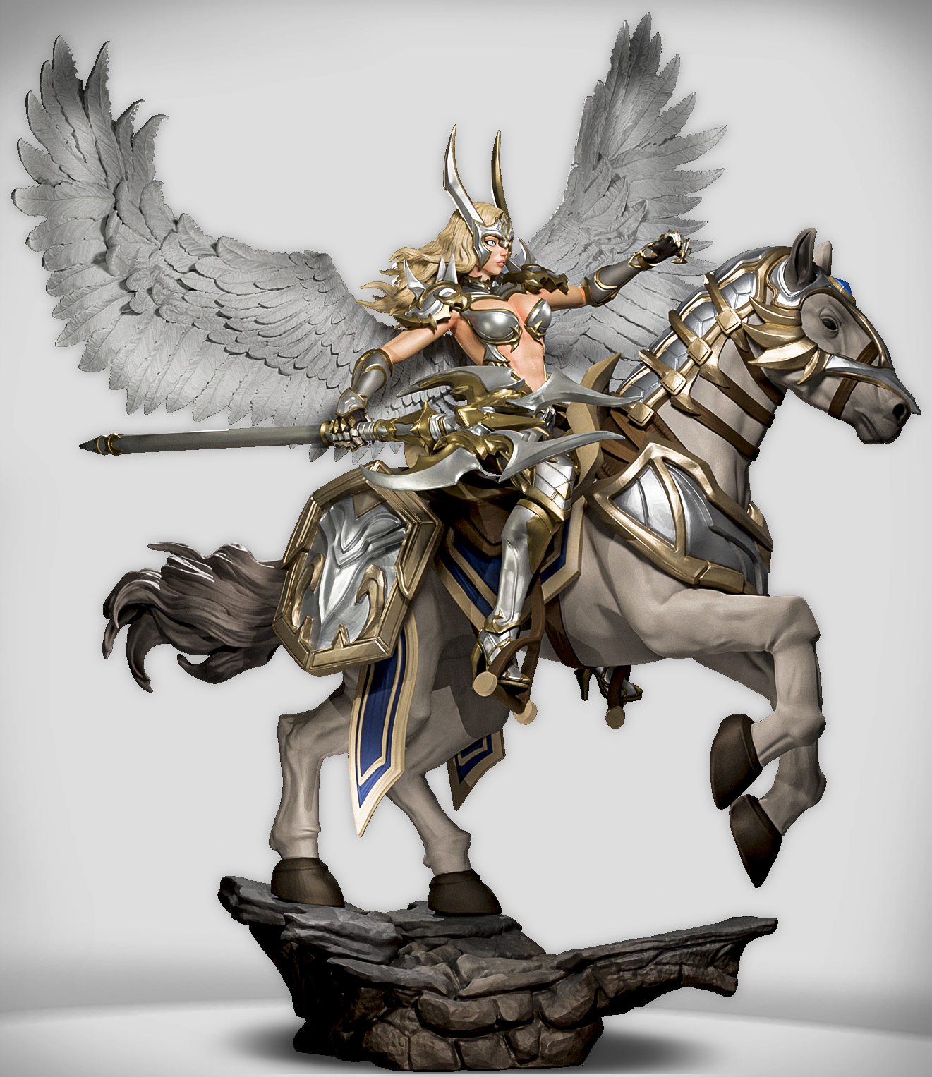 Szary render 3D modelu Skyborn Vanguard Aeliana, widoczne detale zbroi i piór.