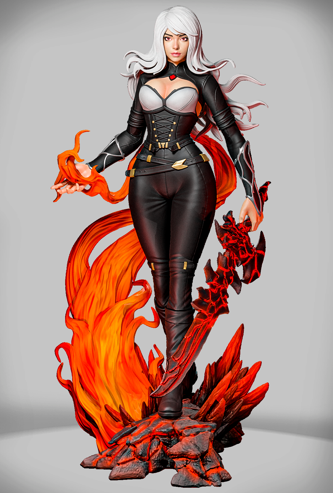 figurka Magma Blade Pyrrha z ognistym mieczem na wulkanicznej podstawce.