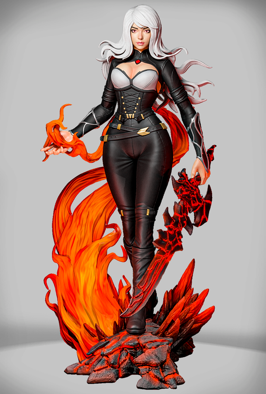 figurka Magma Blade Pyrrha z ognistym mieczem na wulkanicznej podstawce.