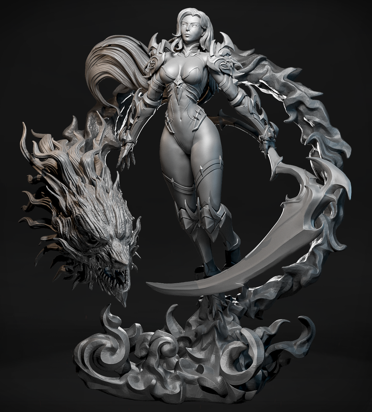 Pomalowana figurka Soul Reaper Vespera z kosą i fioletowym duchem smoka.