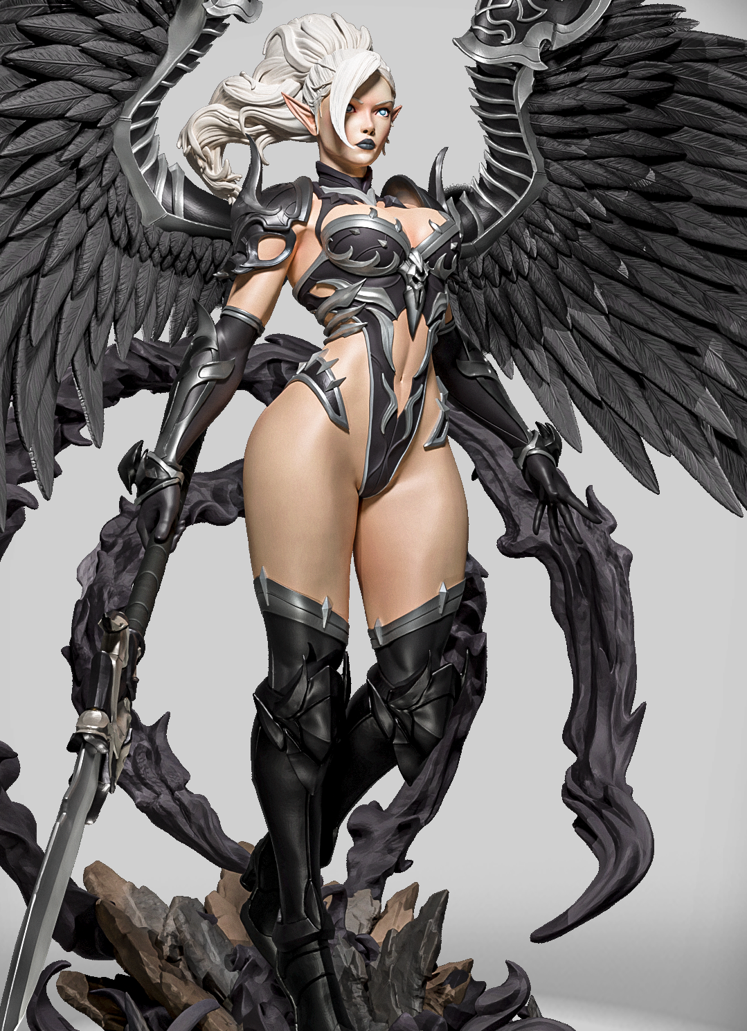 Szary render 3D figurki Shadow Seraph Vespera, mroczny anioł z włócznią.